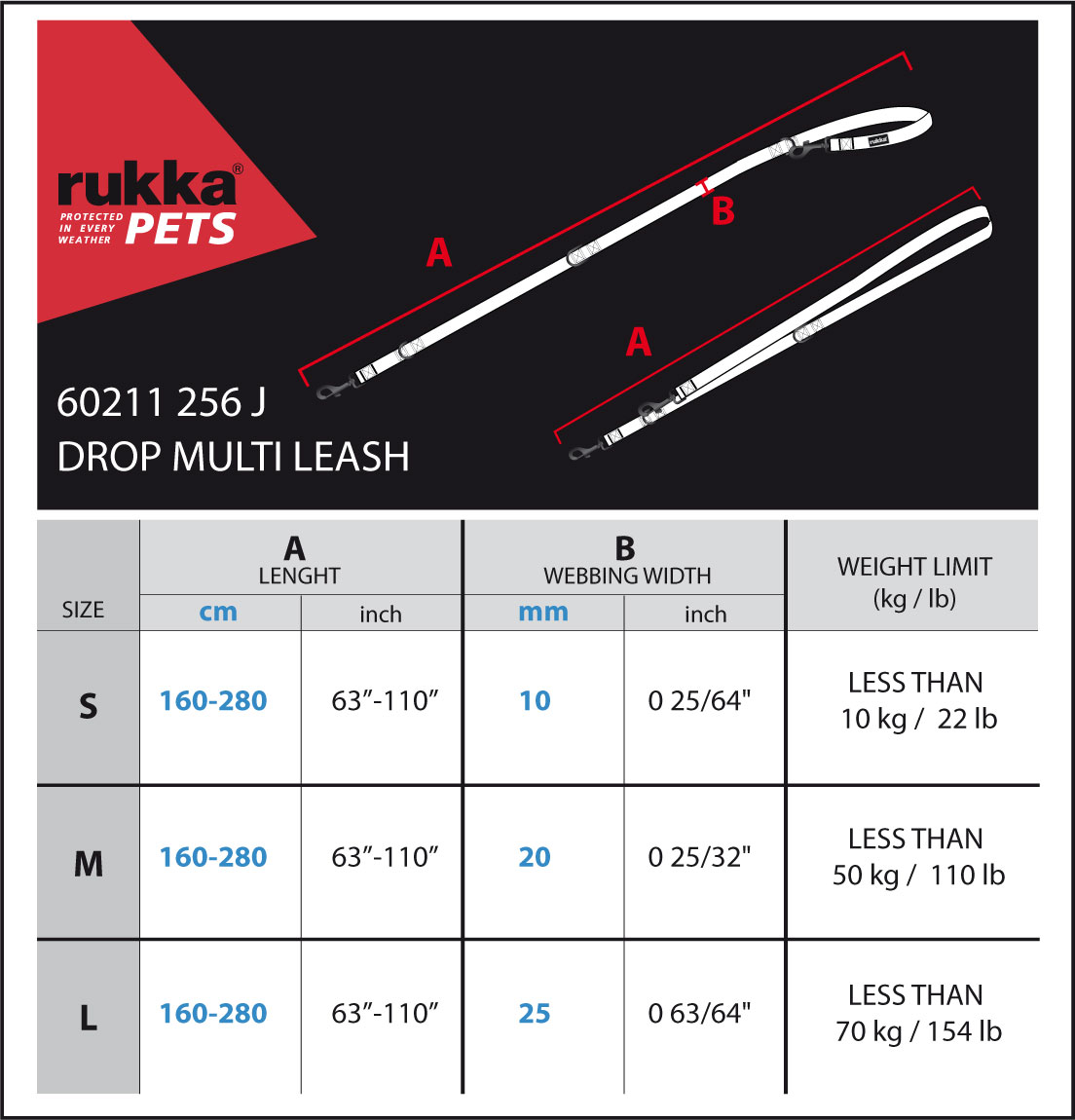 DROP-MULTI-LEASH-adjustable-size-chart Rukka Pets Drop multi riem, maattabel