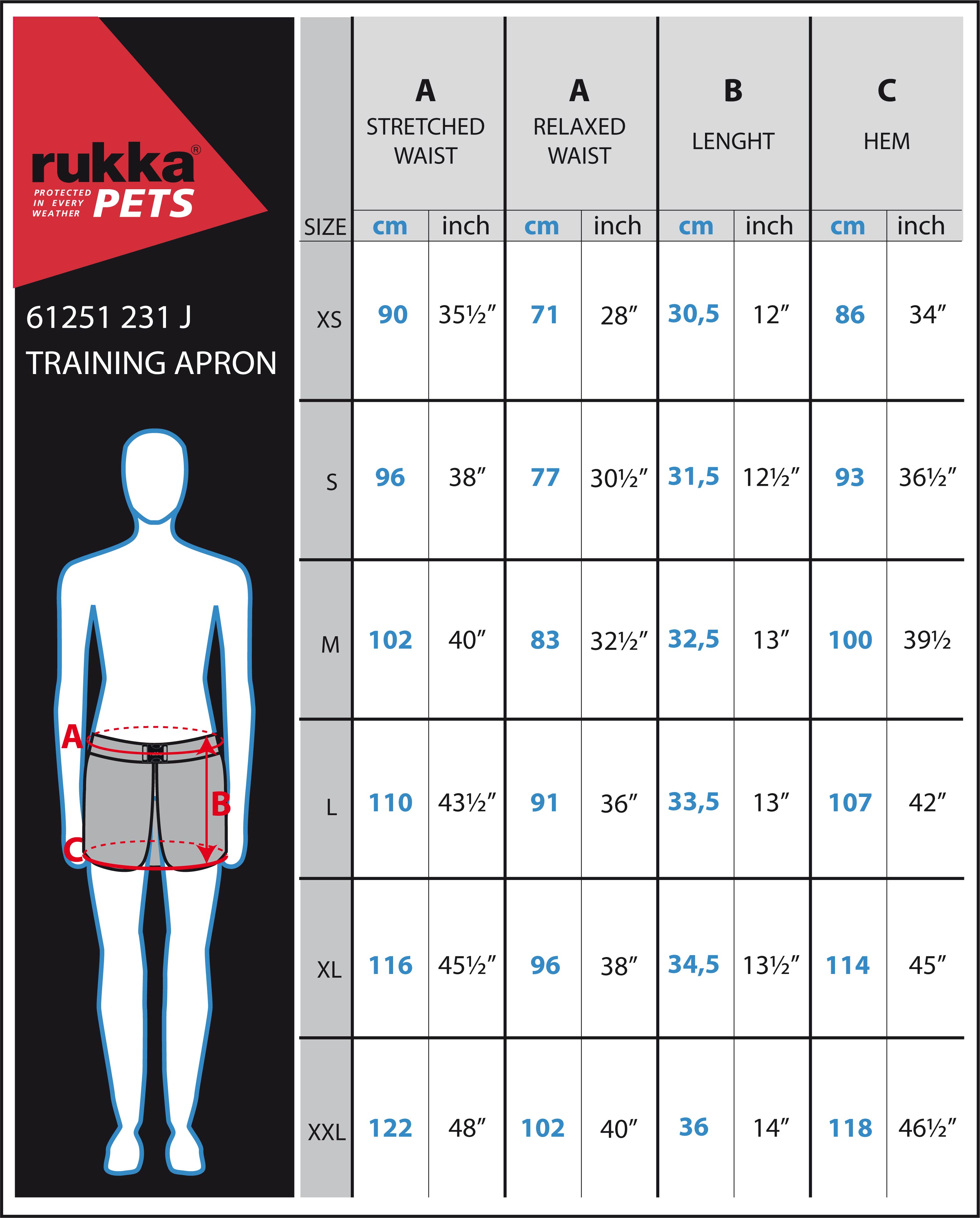 Rukka Pets Training Short, size chart
