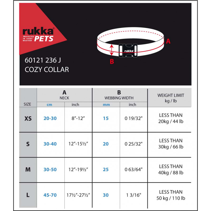 Rukka Pets Cozy halsband, maattabel